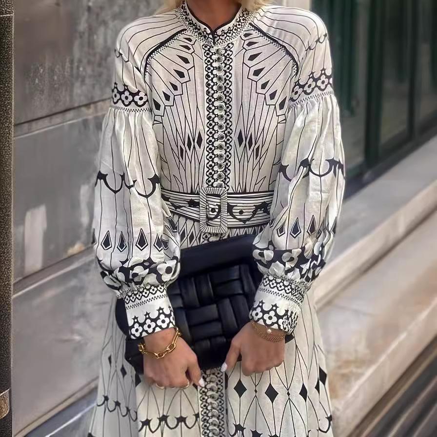 YYFS Women's Fashion Spring Fall Flower Pattern Print Long Sleeve Stand-collar High Waist Casual Dresses