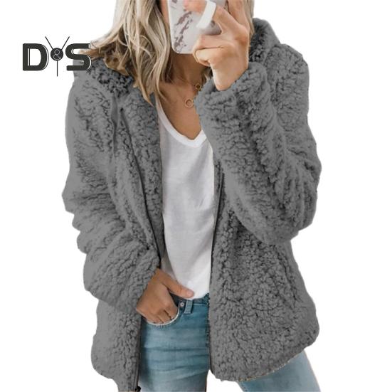 Женская зимняя короткая куртка из флиса Sherpa с капюшоном, кардиган на молнии, теплая повседневная однотонная плюшевая ветрозащитная куртка для осени и зимы