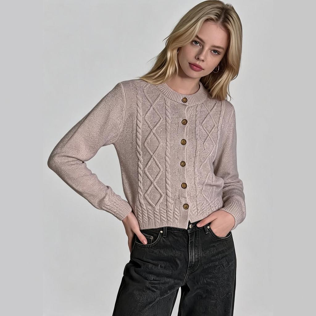 New crew neck knit cardigan for women, autumn/winter coarse knit knit sweater jacket, fashionable versatile long-sleeve top