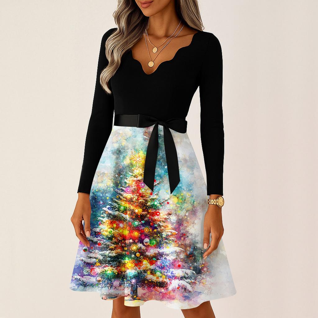 Women's Casual Fashion V Neck Long Sleeve Christmas Printed Party Vintage Long Dresses