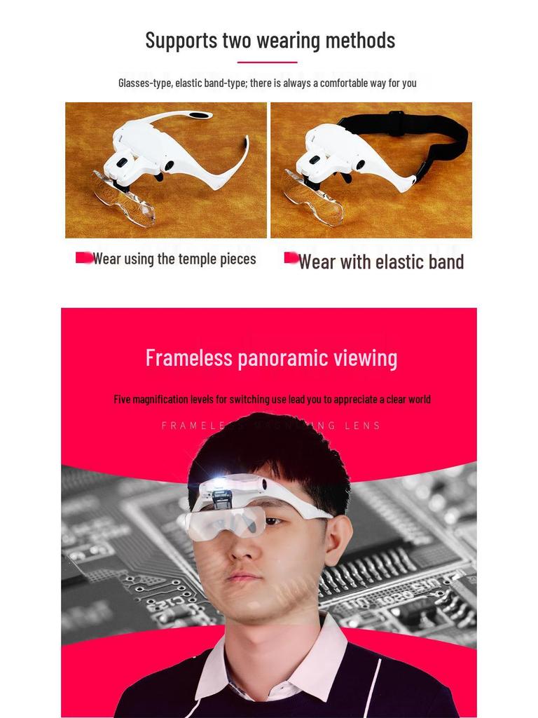 LED Head-Mounted Magnifying Glass for Circuit Board Repair, Eyelash Extension, and Nail Art