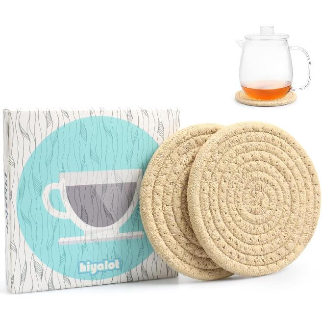 4.8" Sakura Pink Cotton Coasters for Drinks Set of 2 – Soft Absorbent Fabric Drink Pads for Coffee Cups, Boho Pastel Mug Mats for Desk, Nightstand,