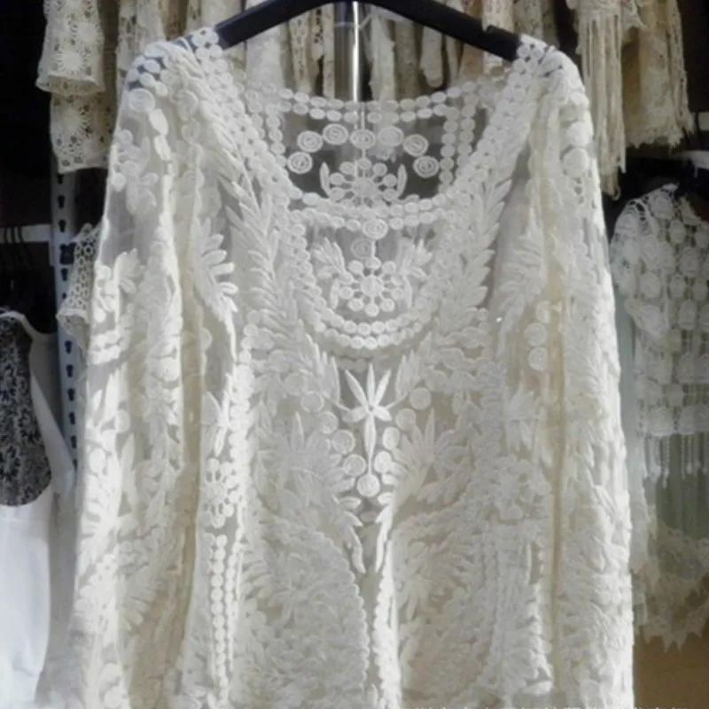 Ethnic Lace Basic Shirt Female Long-sleeve Slim Top Women Retro Slim Summer Shirt Pullover Hollow Out Black Lace Blouse