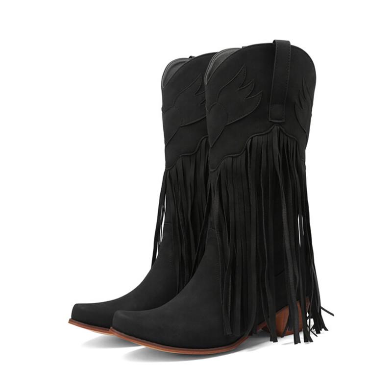 Women Western Cowboy Boots Block Medium Heels Tassel Fringe Kneehigh Boots Lady Winter Shoes