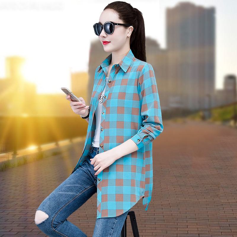 Женское клетчатое платье-рубашка: Пижама бойфренда в корейском стиле с длинными рукавами и средней длиной в красном, синем и желтом цветах. Стройный, но свободный и сексуальный.