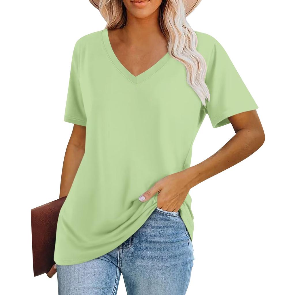 Women's Fashion V-Neck Classic Loose Solid Color Casual Short Sleeve T-Shirt