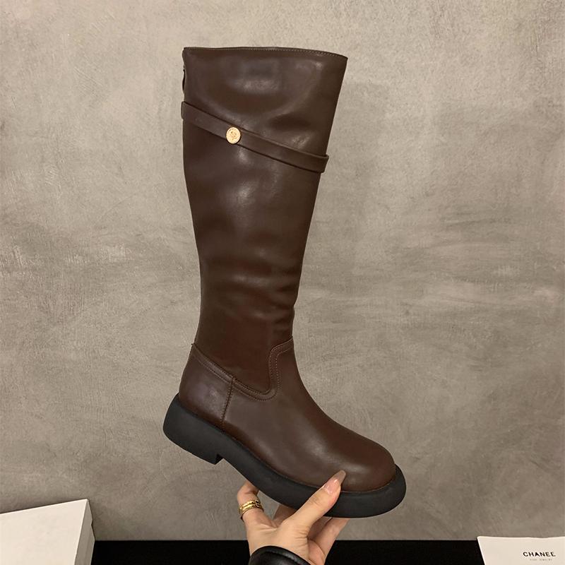 Fashion Winter Vintage Women Western Cowboy Boots Fashion Belt Buckle Slip On Female Knight Long Booties