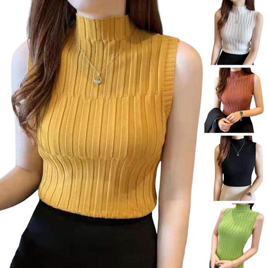 Women Bottoming Vest Half High Collar Sleeveless Knitting Tops Slim Fit Solid Color Tank Tops Streetwear