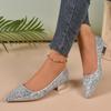 2024 Autumn Women's Fashion Sequin Pointed Toe Shoes: Large Size, Thick Heel, Soft Bottom, Shallow Mouth.