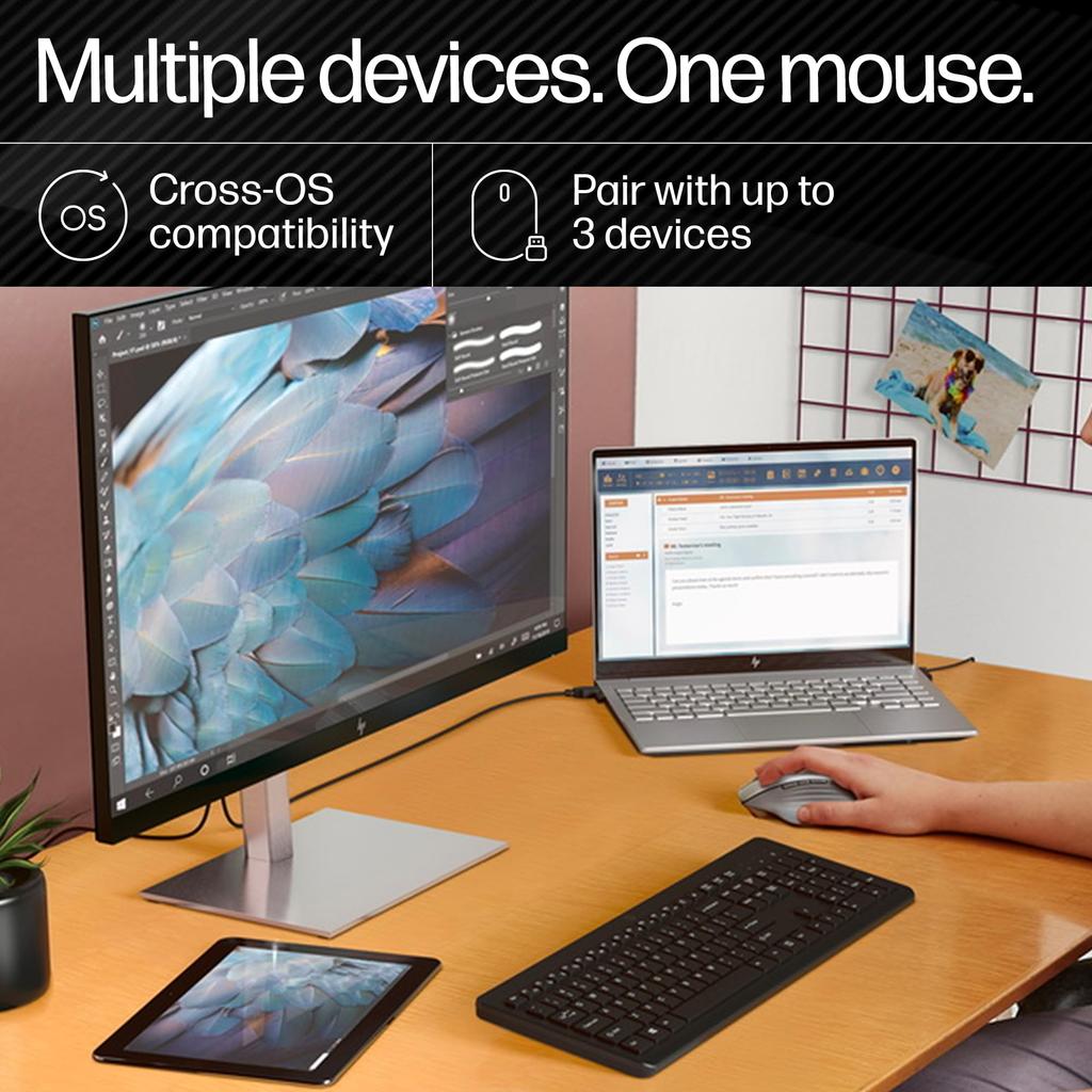 HP 930 Silver Bluetooth Mouse, Rechargeable, USB-C Charging, 3-Device Connection, 4-Way Scroll Wheel, 7 Programmable Buttons, Compatible with Mac,