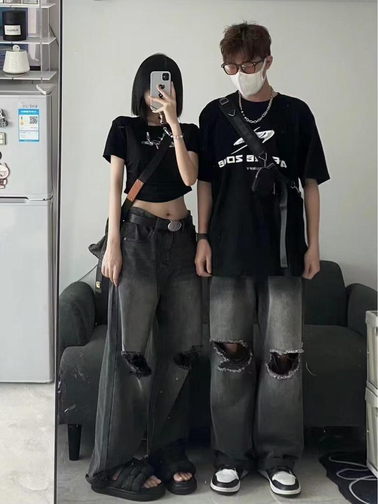 2023 Unisex Black Distressed Ripped Jeans – Loose Straight Wide-Leg Pants Trendy Brand