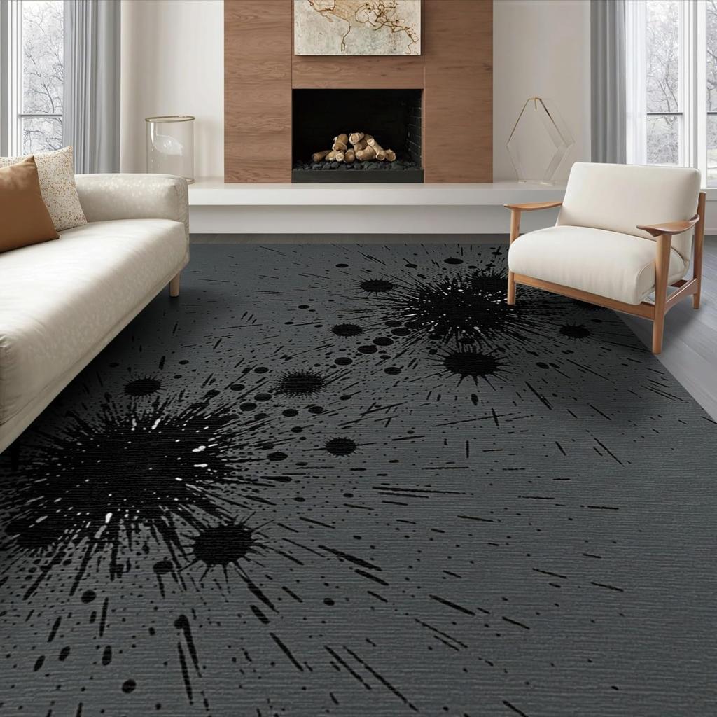 Modern Black Grey Polka Dot Area Rug Minimalist Geometric Circle Pattern Non-Slip Floor Rug for Living Room Bedroom