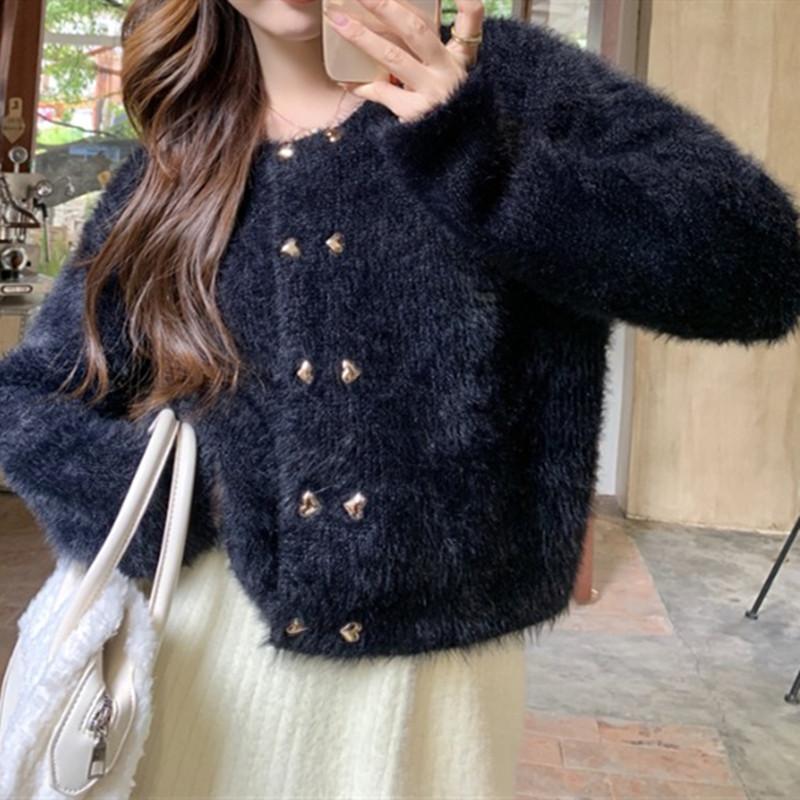 Осень-зима 2023, новый кардиган с круглым вырезом, вязаный свитер с длинными рукавами для женщин