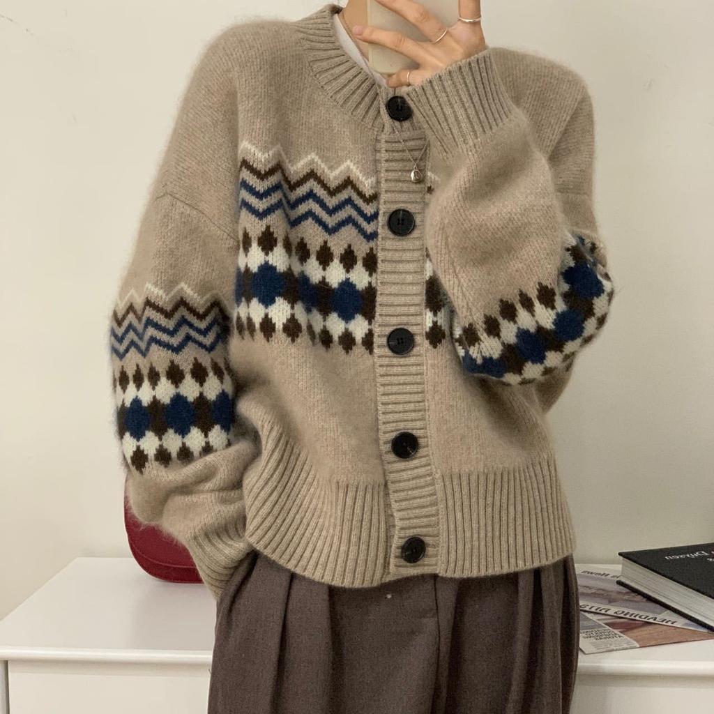 Осень и зима новый свободный повседневный ленивый ветер вязаный кардиган топ женский ретро жаккардовый свитер куртка