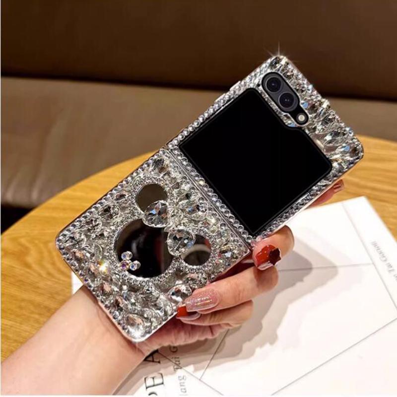 Luxury Rhinestone Cute 3D Mouse Mirror Phone Case for Samsung Galaxy Z Flip 5 4 3 Fashion Water Drop Diamond Hard PC Back Protection Cover