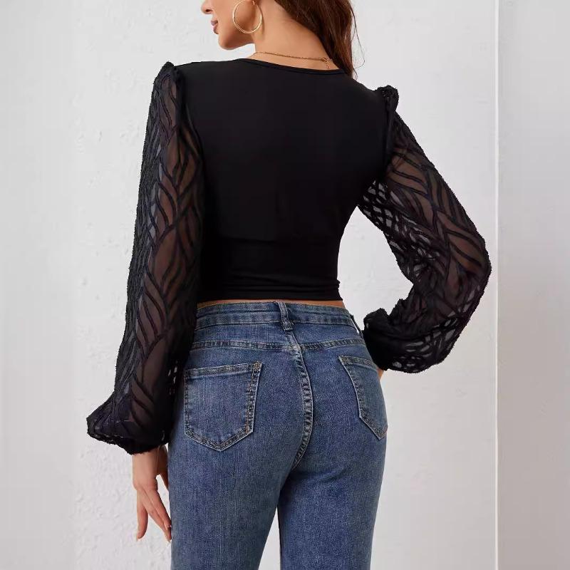 Футболка с длинным рукавом и V-образным вырезом для женщин с рукавами-фонариками и складками на талии, весна-осень, блузки и рубашки