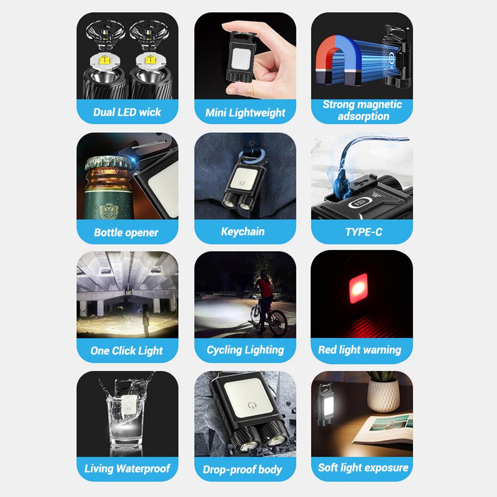 Mini Keychain Light COB Lantern Mutifuction Portable LED Flashlight USB Rechargeable Work Light Outdoor Camping Emergency Torch