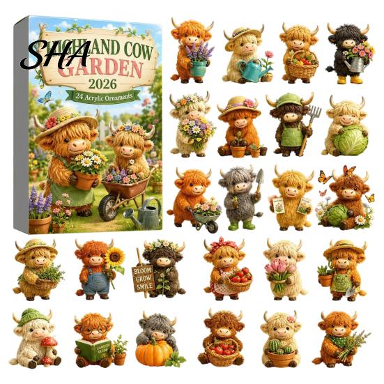 Indoor Festive Decorations Highland Cow Garden Advent Calendar 2026, 24 Day Christmas Countdown with 2D Decorative Window Ornaments Acrylic