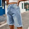 Летние женские джинсовые шорты со средней талией, длиной до колена, эластичные, повседневные, широкие, прямые, потертые, с манжетами, короткие джинсы с карманами