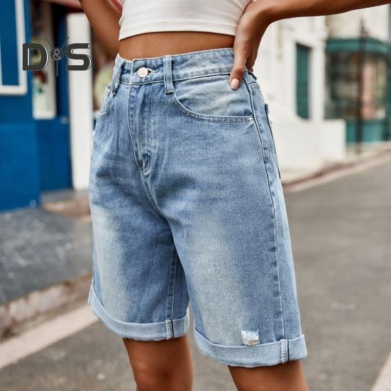 Летние женские джинсовые шорты со средней талией, длиной до колена, эластичные, повседневные, широкие, прямые, потертые, с манжетами, короткие джинсы с карманами