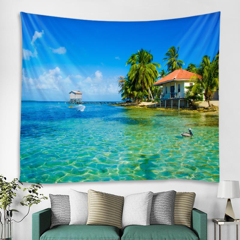 Tropical Beach Tapestry Wall Hanging Coconut Palm Shell Chair Sea View Bedroom Living Room Home Decor Polyester