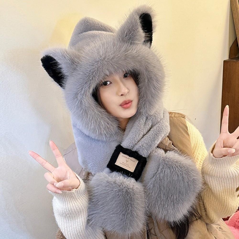 Cartoon Animal Ear Scarf Hat 2 IN 1 Ear Protection Cap Lei Feng Cap Winter Plush Hat Outdoor