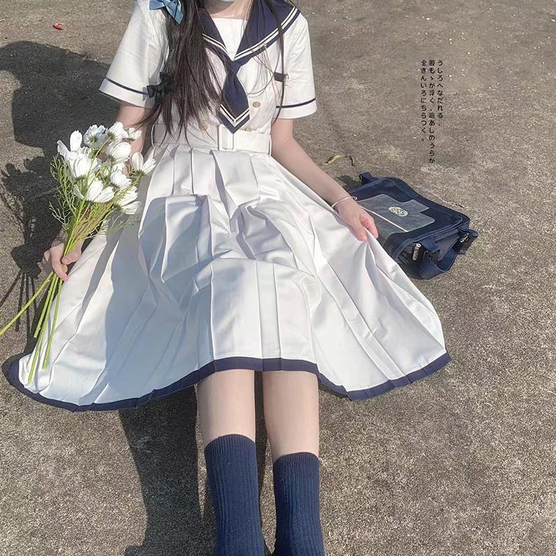 Dress Women JK Girls Japanese Preppy Style Lolita Sailor Suit Dresses Y2k Gothic Kawaii Vintage Short Sleeve Summer Midi Dress
