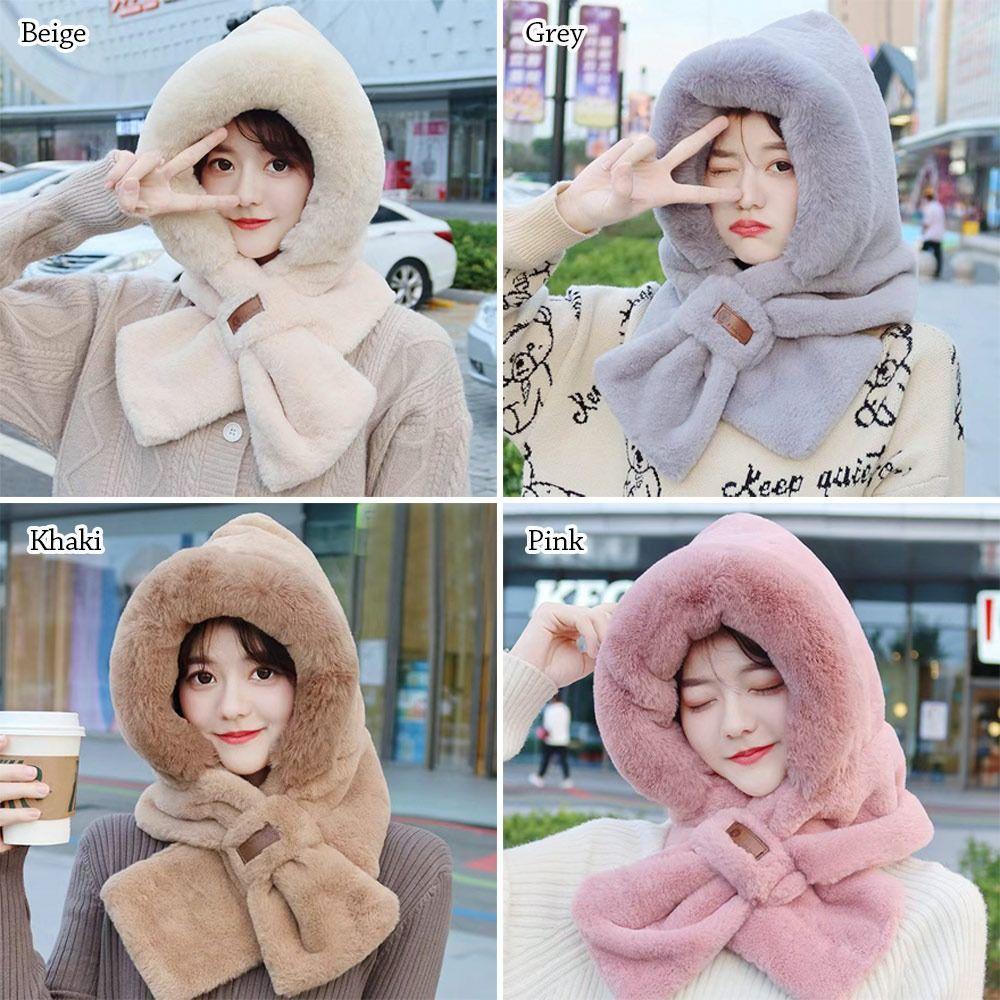 Thickening Integrated Cap Scarf Plush Neck Warmer Winter Ear Protection Cap for Women