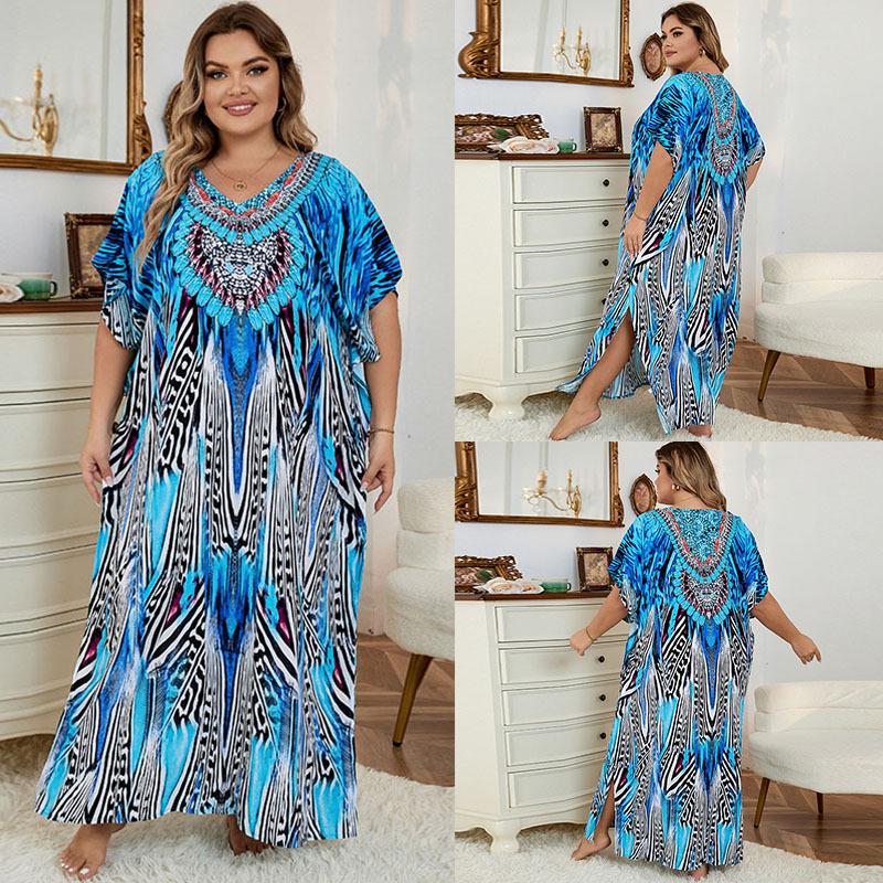 European-American Rayon Print Plus Size Beach Cover-Up Dress & Long Robe