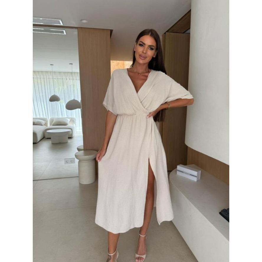 YYFS Женская мода, лето, весна, сплошной цвет, принт, рукава 1/2, v-образный вырез, высокая талия, повседневные платья