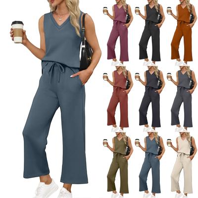 Женский повседневный модный комплект из свободных широких брюк без рукавов с V-образным вырезом