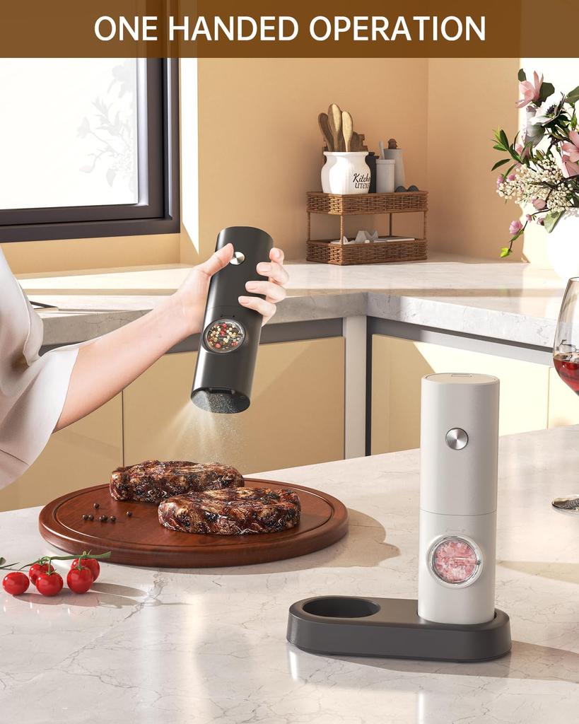 CIRCLE JOY Electric Pepper Grinder Battery Operated Pepper 70ml Washable Storage White LED Adjustable Easy Black and White Set, Mill, Container, Base,