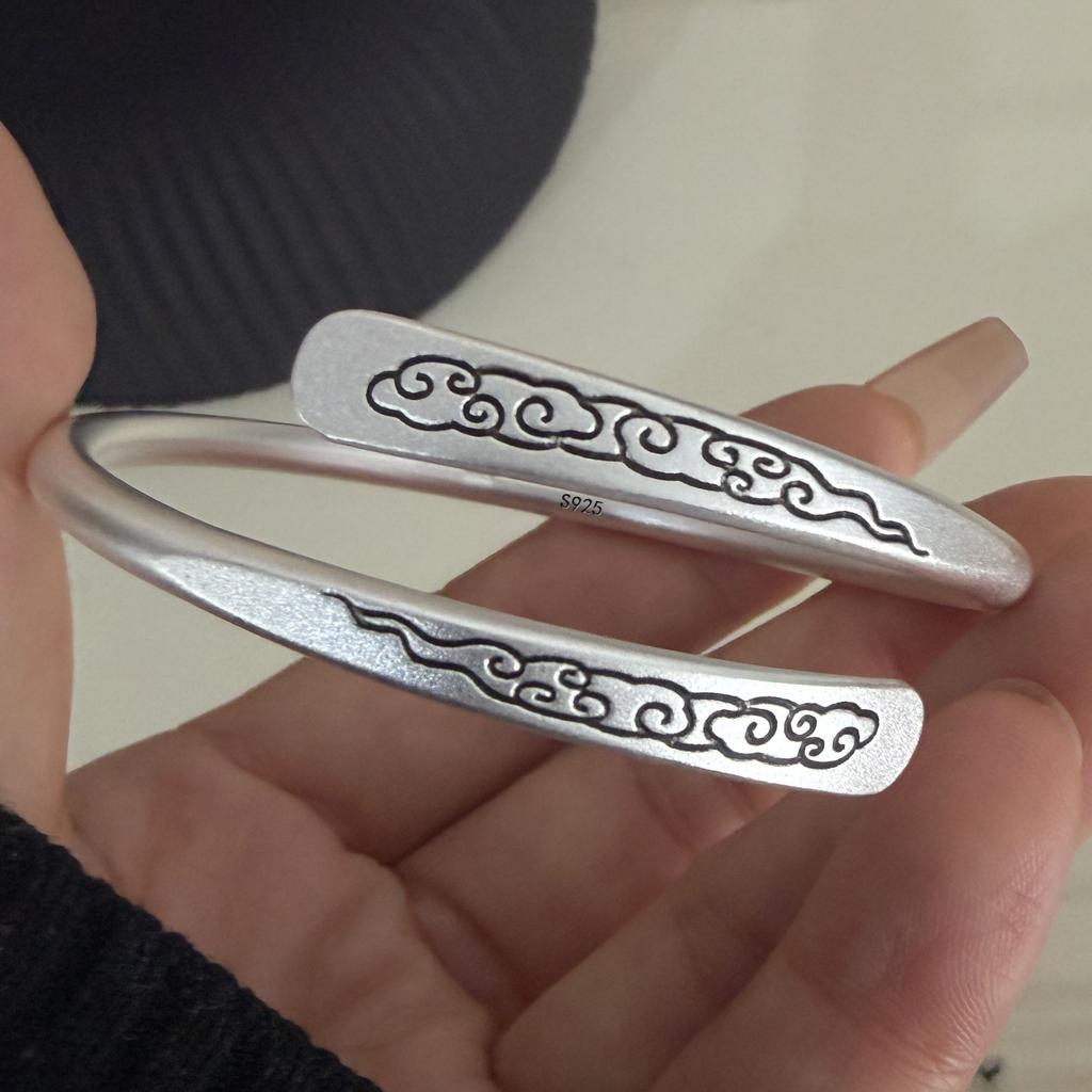 100% Solid 925 Sterling Silver Retro Bracelet for Women Men Vintage Handmade Cloud Pattern Simple Bracelet Birthday Gift