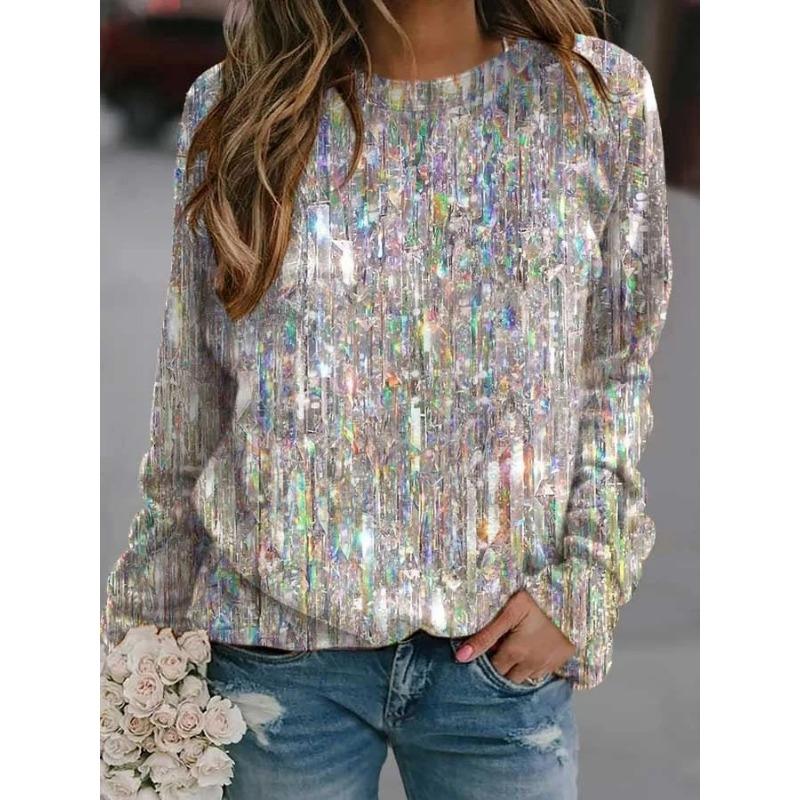 Женская толстовка с длинным рукавом и пайетками, повседневная, с круглым вырезом, блестящий топ, праздничный свитер, повседневная женская футболка с длинным рукавом
