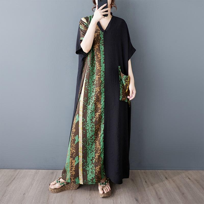 Короткий рукав Плюс размер Хлопок винтажный пэчворк новые платья для женщин повседневное свободное макси длинное летнее платье