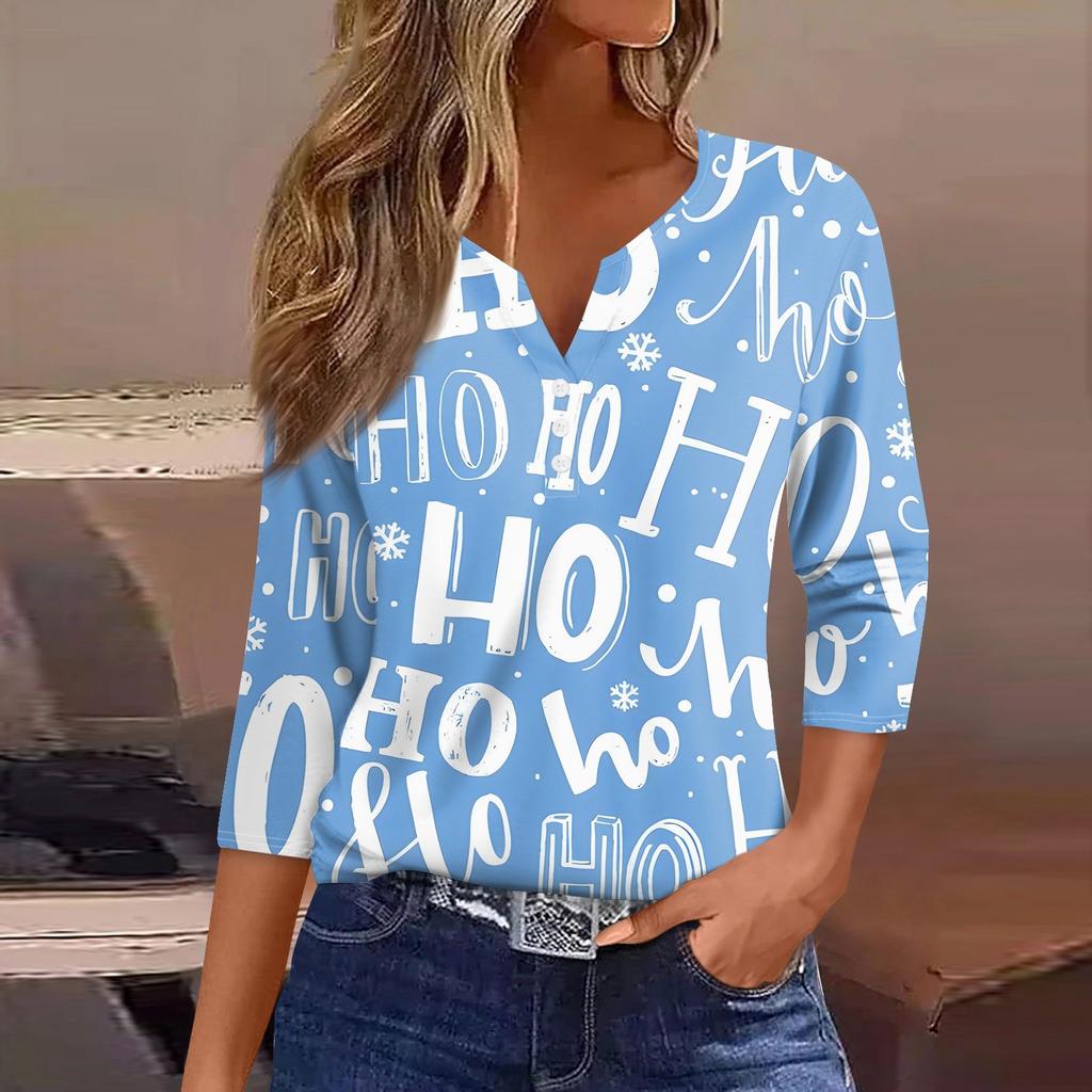 Женская футболка с рождественским принтом, на пуговицах, рукав 3/4, повседневная мода на выходные, базовый топ с V-образным вырезом