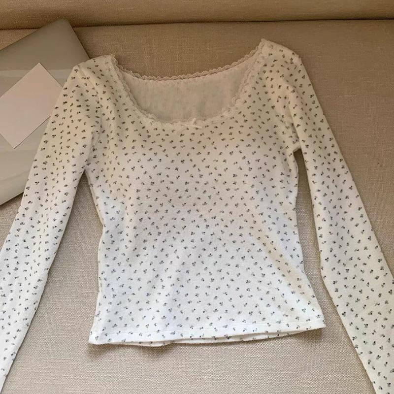 Комплект термобелья из хлопкового кружева с бантом и круглым вырезом с цветочным принтом на осень