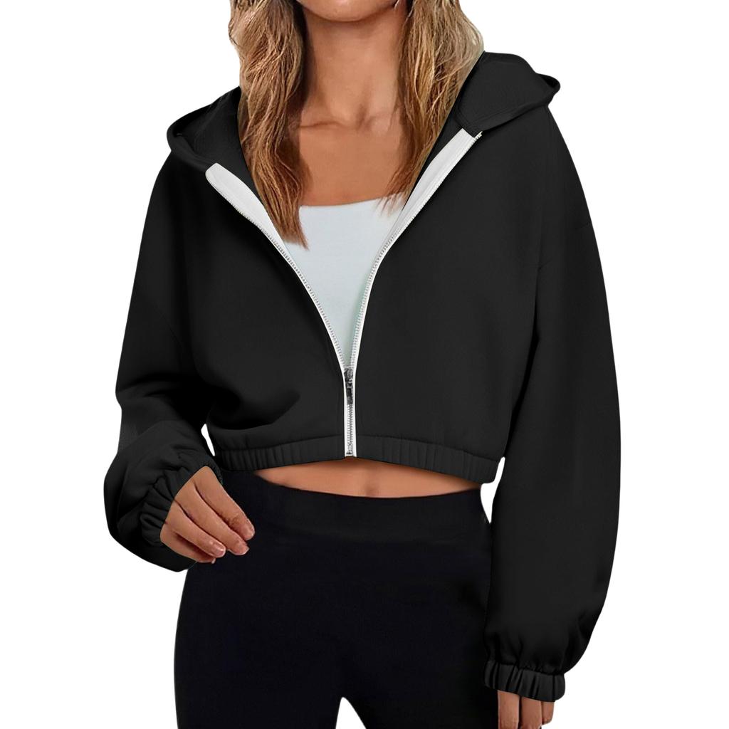 Women's Fashion Solid-Color Hooded Jacket Short-Length Zipper Sweatshirt Outerwear