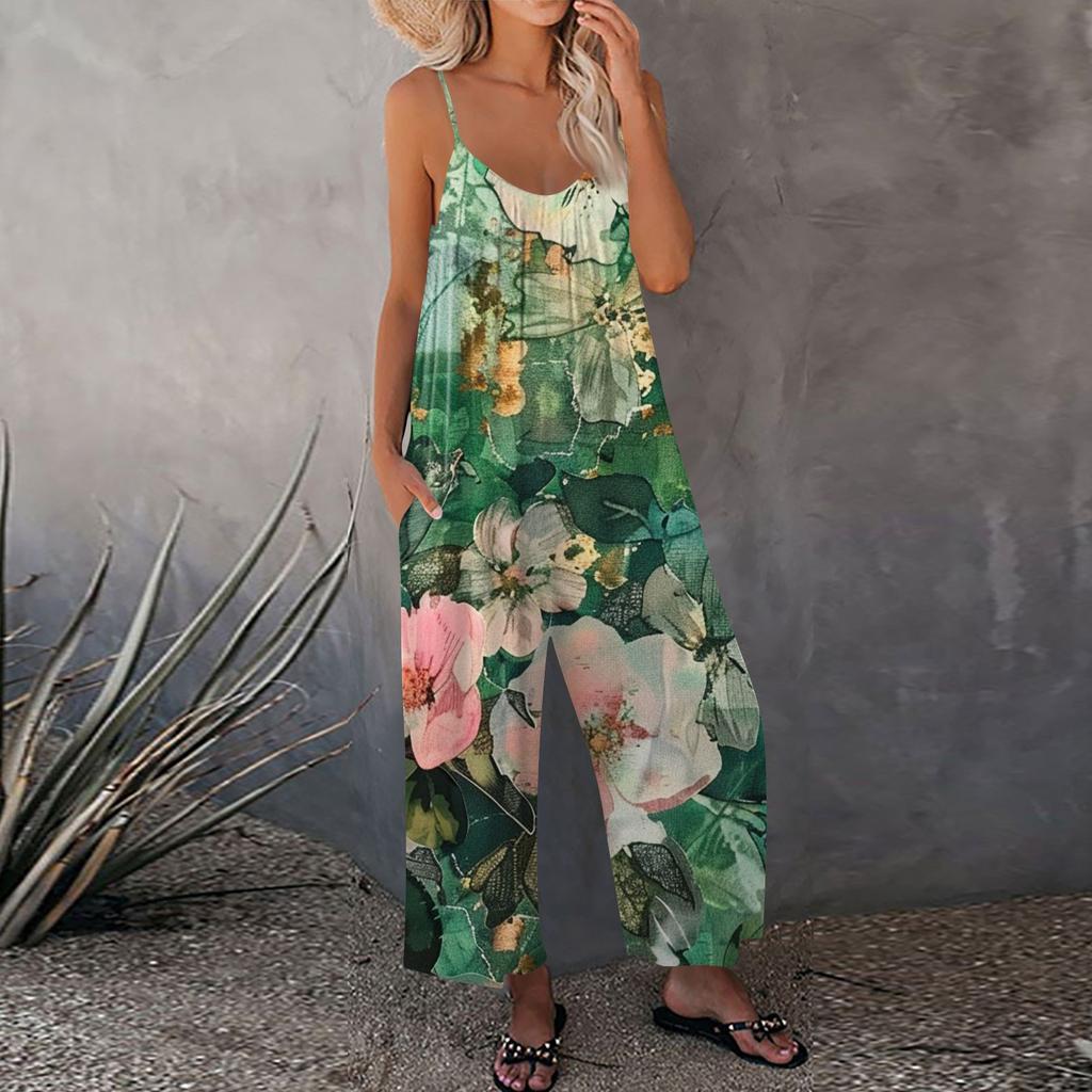 Женский комбинезон с цветочным принтом, повседневный свободный комбинезон с регулируемыми подтяжками
