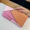 2025 New Genuine Leather Wallet Head Layer Leather Women's Handbag Long Fold Triple Fold Color Contrasting Geometric Splicing Women's Wallet