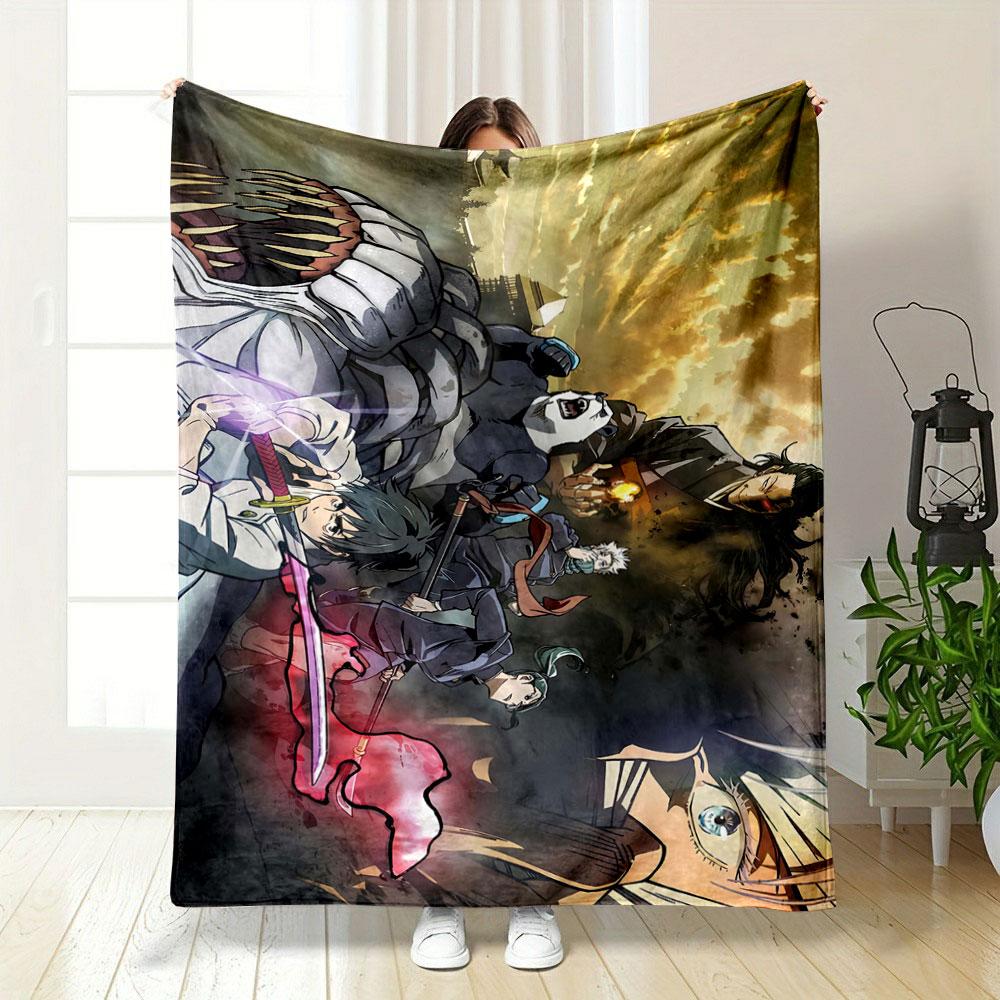Action-packed anime scene with characters battling amidst a dramatic sky. for all seasons blanket lunch break throw gift