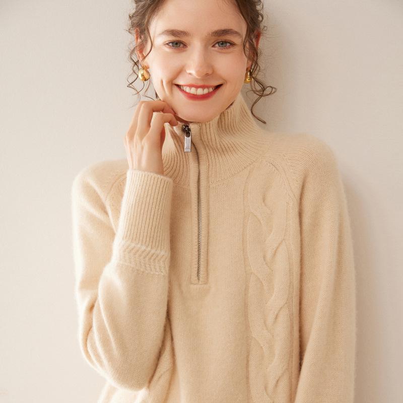 Женский кашемировый кардиган с лацканами, застежкой-молнией и узором в виде перекрученного цветка