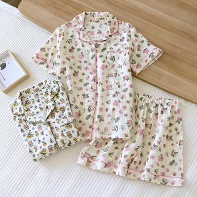 Милые цветочные двойные марлевые морщинистые хлопковые шорты пижамные комплекты женские милые летние короткие рукава пижамы