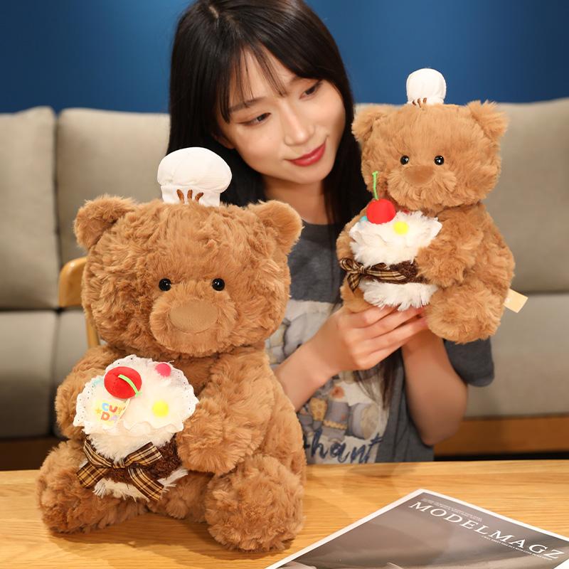 Cartoon Chef Bear Plush Toy Cute Birthday Cake Teddy Bear Soft Stuffed Baby Doll Boys Girls Sleep Pillow Birthday Christmas Gift