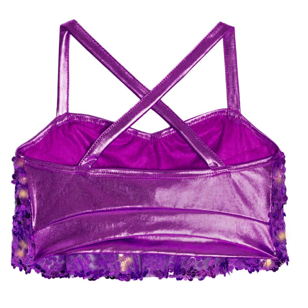 Girls Glittery Sequins Crop Top Tiered Ruffles Cross Back Metallic Camisole for Jazz Dance Performance