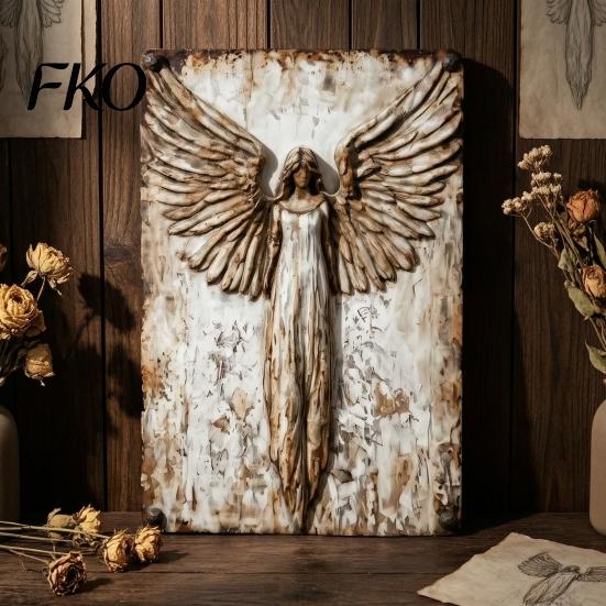 Angel Sculpture for Garden Rustic Guardian Metal Wall Art, Vintage Distressed Wings Hanging Scratch-resistant Outdoor Decor Plaque Farmhouse,