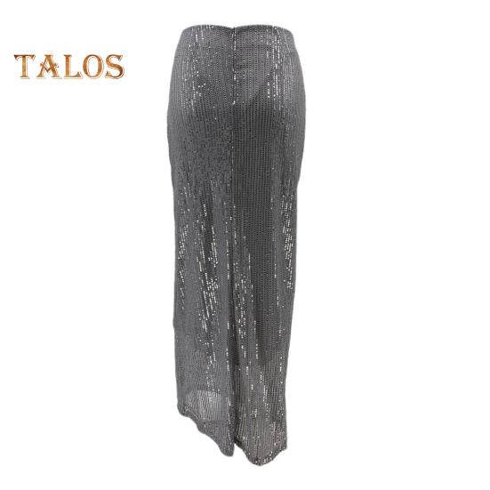 Maxi Skirt High Waist Solid Color Long Skirt with Shiny Sequin Decoration Home Commuting Street Leg-lengthening Skirt