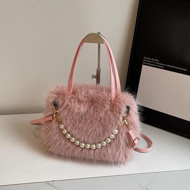 Winter Fashion Faux Fur Crossbody Bags for Women's Gift, Pearl Chain Decor Shoulder Bag, Ladies Handbags Top-handel Bag CLE