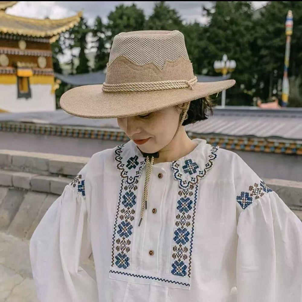 Хлопково-льняная смесь Западная ковбойская шляпа Подбородочный ремешок Дышащая шляпа от солнца Поход Пляж Отпуск