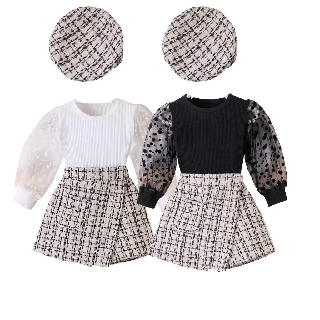 Модный костюм для девочек, летний детский повседневный сетчатый топ с длинными рукавами + брюки, юбка + шапка